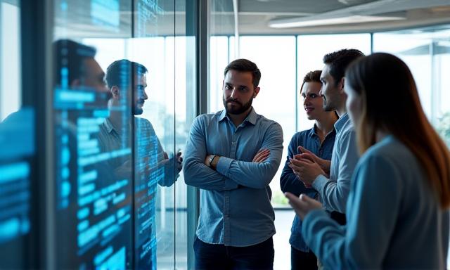 Developer team collaborating on a high-tech interface